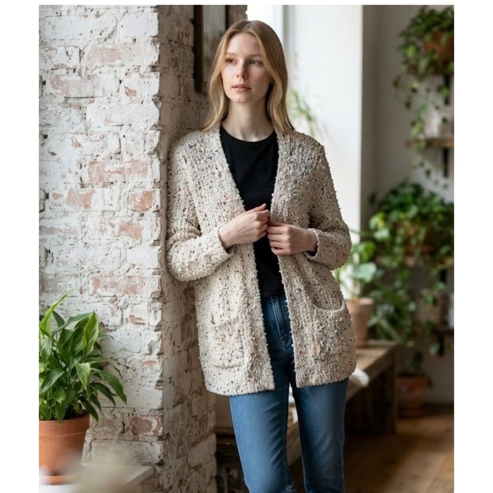 Studio JPR Womens Lg Confetti Popcorn Knit Open Front Cardigan Champagne Cozy